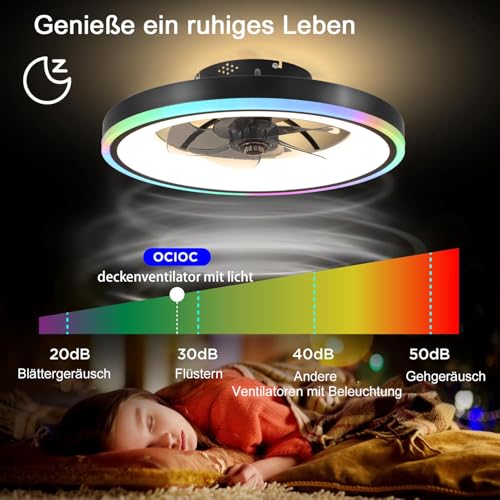 TYJY RGB Modern Silent Ceiling Fan with Light, 60 W Dimmable LED (3000 K-6500 K) RGB Ceiling Fans with Remote Control APP, Timer, 6 Speed, for Living Room, Bedroom, Black