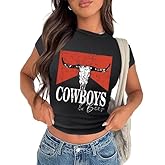 Tewmeu Cowgirl Outfits for Women Crop Tops for Teen Girl Y2k Clothes Cowboy Country Concert Graphic Tee Tops
