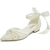 Winflag Pearl Wedding Shoes for Bride Flat Lace Bride Shoes Pointed Toe Bridal Flats
