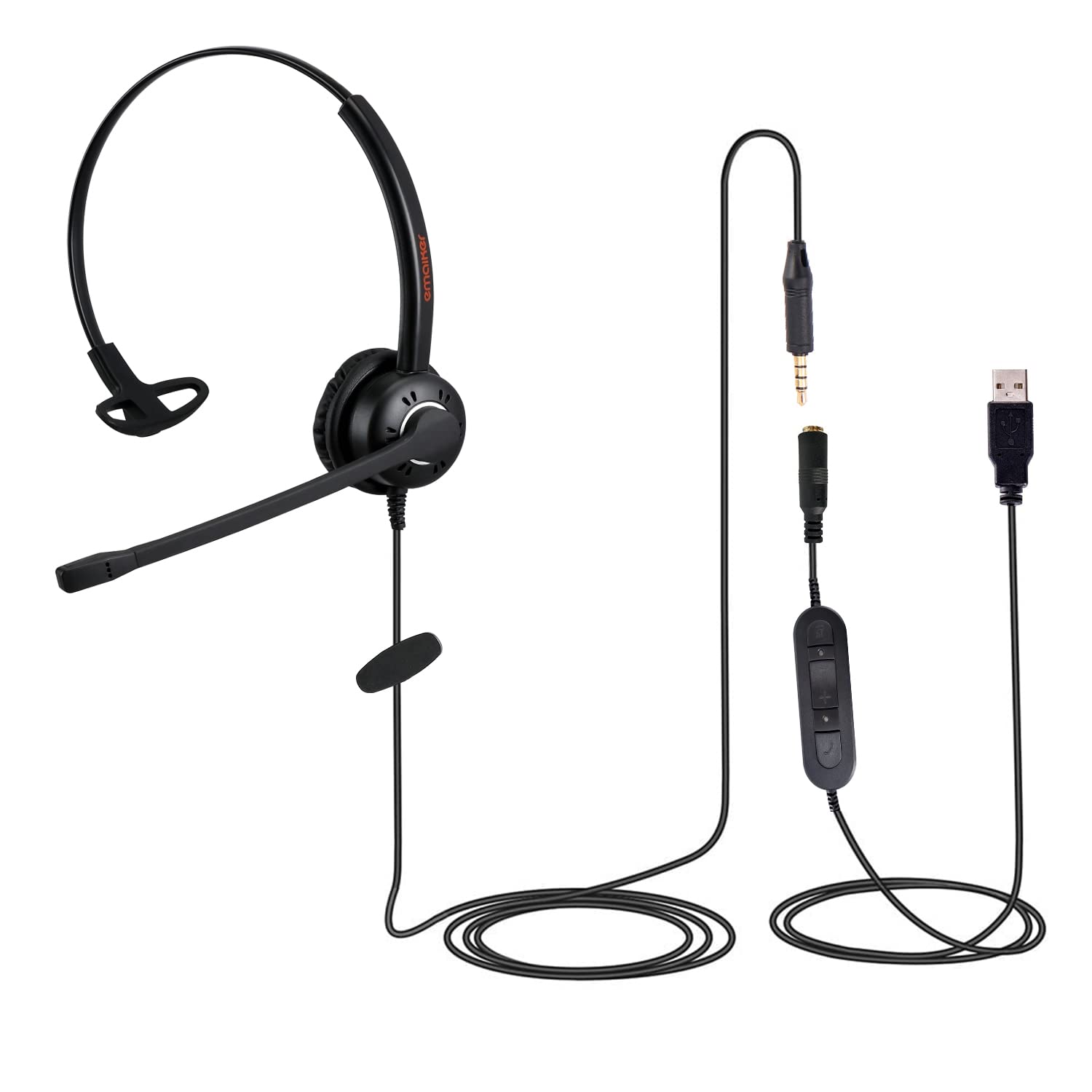 Emaiker 3.5mm/USB Computer Headset with Microphone for Laptop, Cell Phone, Lightweight Office Monaural USB Headphone with Noise Cancelling Mic, In-Line Control for Teams, Skype, Zoom Meeting,