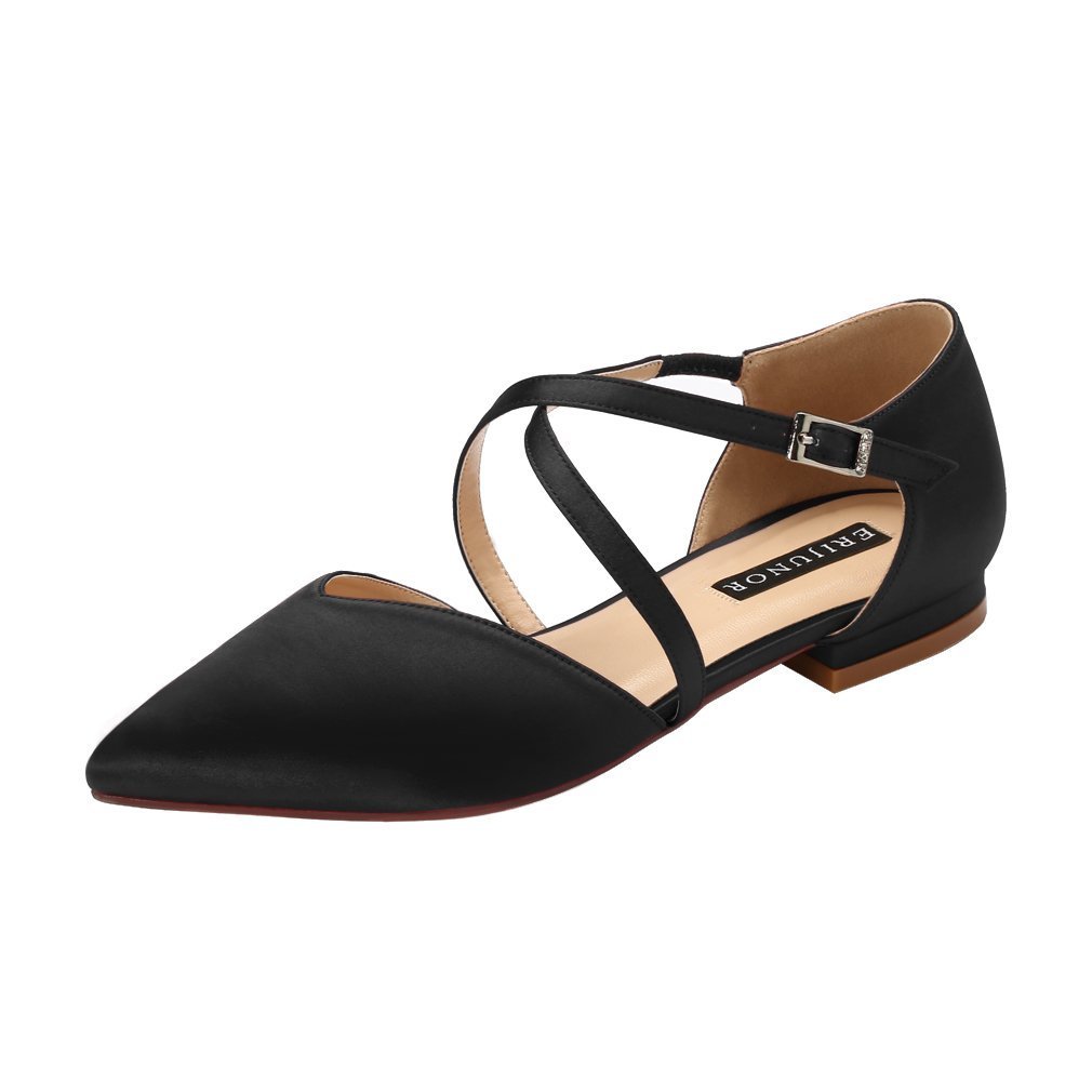 ERIJUNOR E0012 Pointy Toe Flats D-Orsay Low Heel Pumps Satin Wedding Evening Prom Dress Shoes Black Size 11