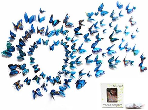 Double Wing 3D Butterfly Art Wall Decor Home Applique, Fridge Magnet Butterflies Wall Stickers Decals Kids Room Bedroom Nursery Decoration Office Décor Blue-Green-Pink-Red 48 Pcs (4 Color-03)