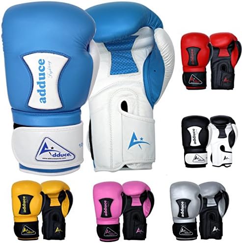 New! (Genuine 100% CowHide Leather) Elite Boxing Gloves, Kick boxing Muay Thai Training Gloves, Sparring punching Bag Mitts (blue/white, 10-oz)