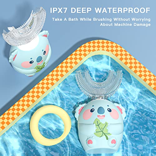 ELOTAME Kids U Shaped Electric Toothbrush with 4 Brush Head,Cartoon Koala Auto Sonic Toothbrush for Children Age 8-15,360° Full Mouth Cleaning Animal Toddler Automatic Toothbrushes with Travel Cup