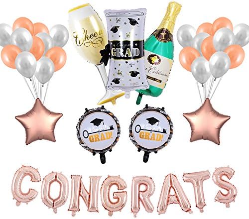 2019 Graduation Congrats 16 inch “Congrats” Letter Balloon Banner with Champagne Bottle Goblet Graduation Certificate and Latex Balloons Star Balloons for Graduation Party Decorations and Supplies.