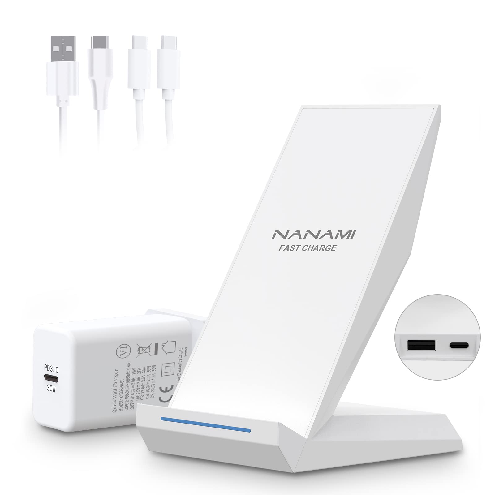 NANAMI Wireless Charger with 30W USB-C Charger - 15W Max Cordless Charging Stand for Samsung Galaxy S26 S25 Ultra S24 S23 S22 S21 S20 S10, 2-in-1 Fast Contact Charger for iPhone 17 16 15 14 13 12 11