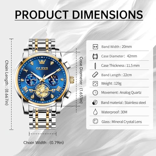 OLEVS Men Silver Watches,Men's Stainless Steel Chronograph Watch,Man Analog Quartz Big Face Male Watches Luxury Waterproof Roman Numeral Dress Diamond Relojes para Hombre