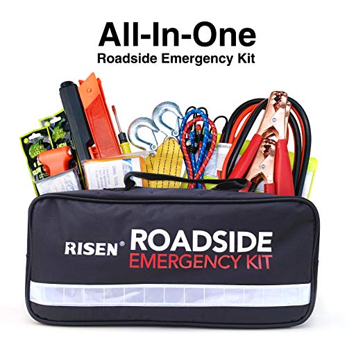 RISEN Premium Roadside Assistance Car Emergency Kit + Bonus First Aid Kit - Auto Safety Kit Contains Jumper Cables, Warning Triangle, Tow Rope, Screw Kit (63 Pcs/Pack)