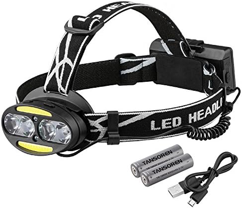 TANSOREN LED Headlamp Flashlight USB Rechargeable 7 Modes Waterproof Red Light with 18650 Rechargeable Batteries (2-Pack)