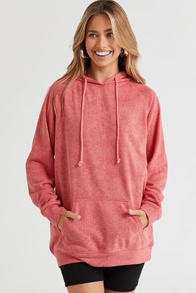 SHEWIN HOODIES FOR WOMEN CASUAL LONG SLEEVE DRAWSTRING SOLID HOODED SWEATSHIRTS LOOSE LIGHTWEIGHT OVERSIZED HOODIE FALL TOPS FOR WOMEN,US 16-18(XL),RED