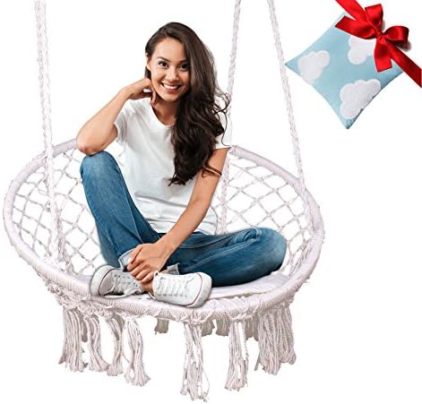 Feiren Outdoor hammock chair Indoor Livingroom hanging Macrame Chairs swing hammock rattan chair Home deco/boho/Patio cushion/swinging chair for bedroom/hanging chairs (1 pillow 1hammock)