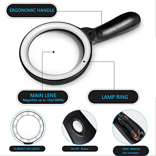 HYOIIO 10x Magnifying Glass with Light, Lighted Magnifying Glass 10X