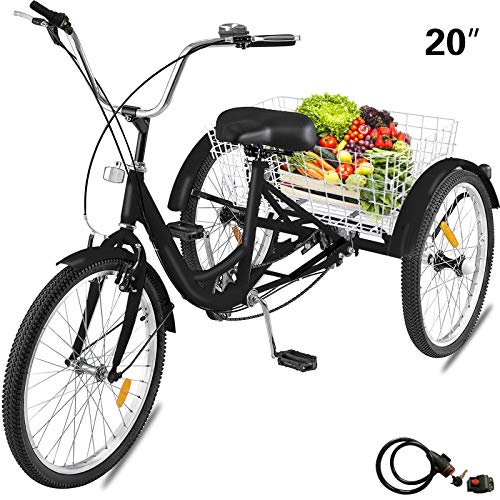 Happibuy Adult Tricycle 1 Speed 7 Speed Size Cruise Bike 20 Inch Adjustable Trike with Bell, Brake System Cruiser Bicycles Large Size Basket for Recreation Shopping Exercise (Black/1 Speed)
