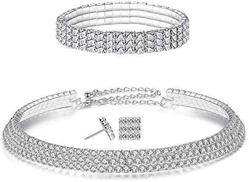 1/2/3/4/5 Row Wedding Crystal Rhinestone Bridal Necklace Earrings and Bracelet Jewelry Set