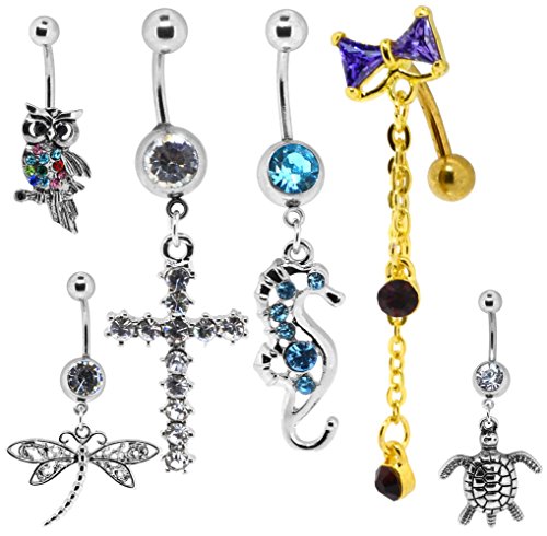 Bow Seahorse Cross Dangle Cute Belly Button Ring Body Jewelry for Navel Piercings