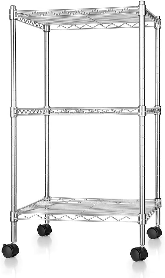 zanmini 3-Shelf Shelving Unit on Wheels Wire Storage Organisation Rack Shelving Rack Units Lockable Wheels Adjustable Feet for Kitchen Bathroom Office 133lb Capacity,34.50 x 34.50 x 64.00cm, Sliver