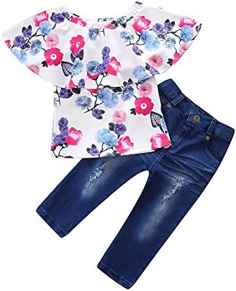 HBER 1-7T Baby Toddler Little Girls Clothes Short Sleeve Floral Ruffles Off Shoulder Tops + Jeans Pants Outfits Sets