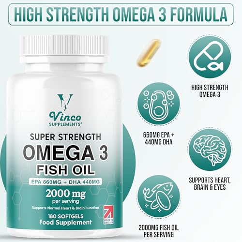 Vinco High Strength Omega 3 Fish Oil 2000mg | EPA 660mg & DHA 440mg Per Serving | Promotes Heart, Brain & Eye Health | Non-GMO GMP Certified 180 Omega 3 Softgels Capsules (3 Month Supply) - UK Made