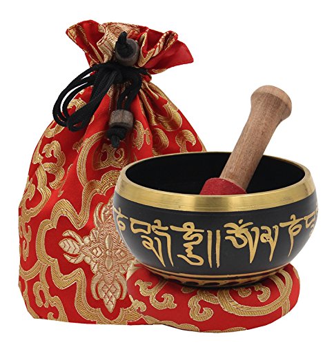 DharmaObjects Medium~ Tibetan OM MANI Singing Bowl Set ~ With Mallet, Brocade Cushion & Carry Bag ~ For Meditation, Chakra Healing, Prayer, Yoga