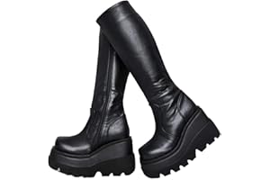 HINDOLA Women's Platform Mid Calf Boots Chunky High Heel Wedge Boots Goth Zip & Lace Up Combat Round Toe Motorcycle Boots
