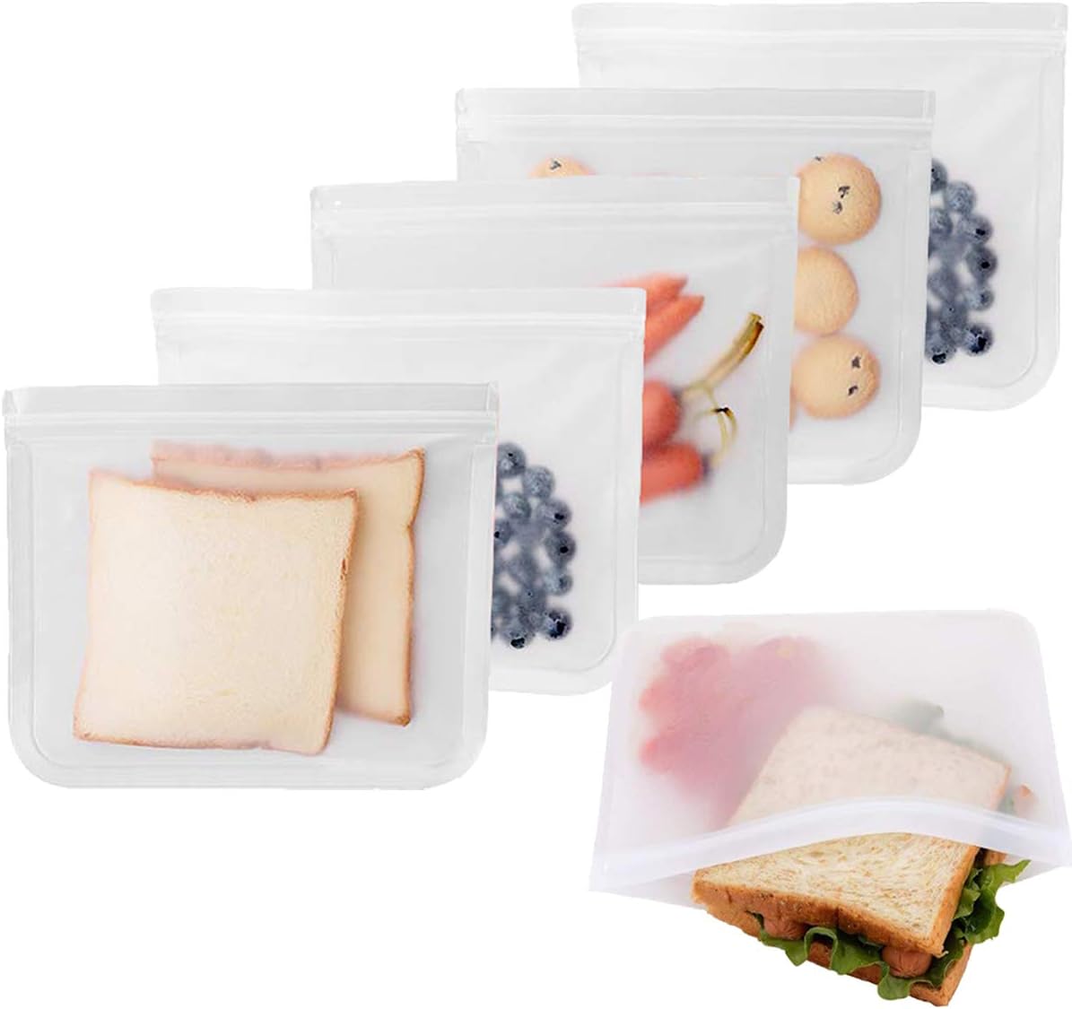Reusable Storage Bags, 6 Pack Leakproof Ziplock Sandwich Bags, Extra Thick PEVA Reusable Freezer Bags for Snack Fruits Lunch, Food Storage Home Organization Travel Make-up BPA Free