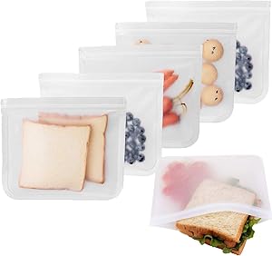 Reusable Storage Bags, 6 Pack Leakproof Ziplock Sandwich Bags, Extra Thick PEVA Reusable Freezer Bags for Snack Fruits Lunch, Food Storage Home Organization Travel Make-up BPA Free