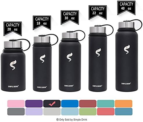 Simple Drink BPA Free Metal Insulated Water Bottle | Reusable Stainless Steel Flask with Portable Strong Cap for Sports Travel, Leak Proof - Cold 24 Hrs & Hot 12 Hrs (Midnight Black 40oz)