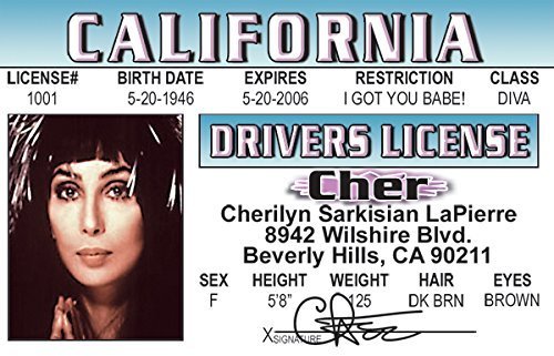 Cher part of the iconic duo Sonny and Cher Novelty Drivers License / Fake I.d. Identification for Do You Believe fans