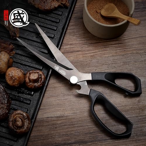 MITSUMOTO SAKARI Japanese Kitchen Scissors, Long Barbecue Scissors | Korean Barbecue Scissors, Offset Kitchen Scissors, Black Multifunctional Kitchen Scissors, Non-Slip Handle