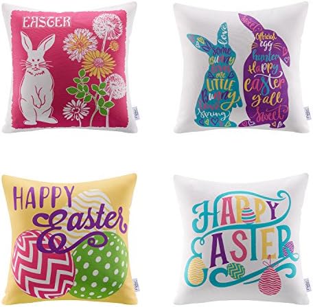 Set of 4 Easter Pillow Cover Happy Easter Series with Colorful Rabbits 18" x 18" 45cm x 45cm