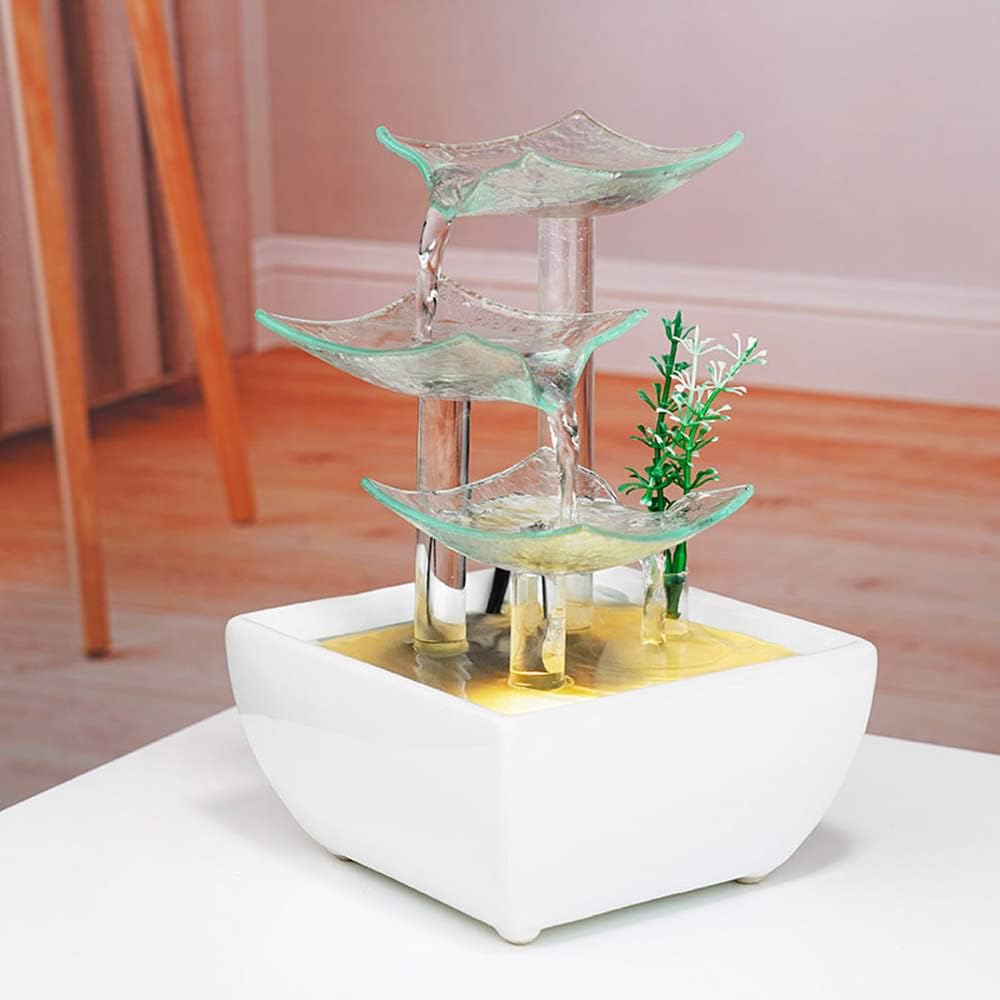 Indoor Fountains & Accessories - Ceramic and Glass Tabletop Fountain for Indoor and Home Decoration Table Desk Office Patio White