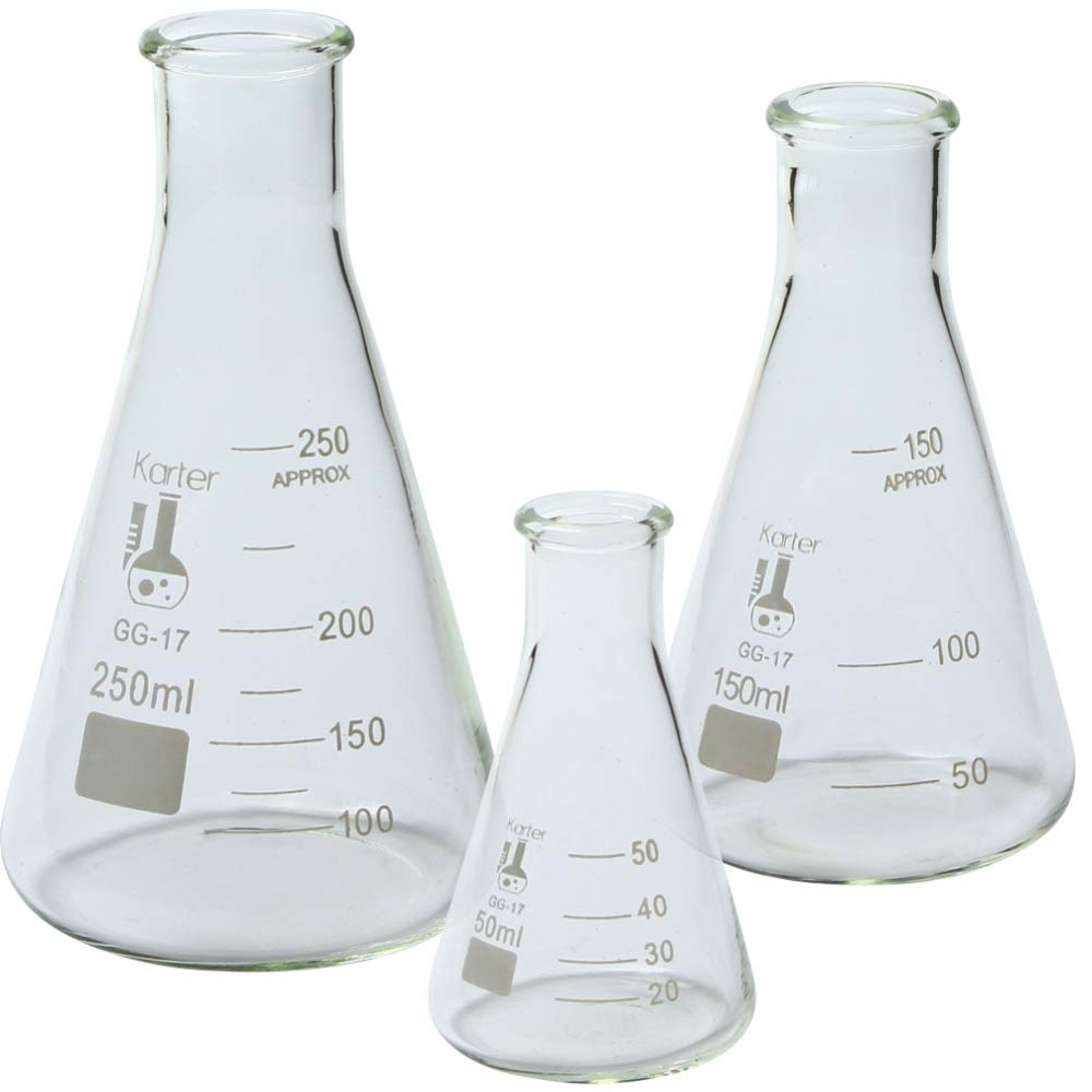 Glass Erlenmeyer Flask Set 3 Sizes 50 150 And 250ml 3 3 Borosilicate Glass Karter Scientific 214u1 Case Of 8 Amazon Com Industrial Scientific