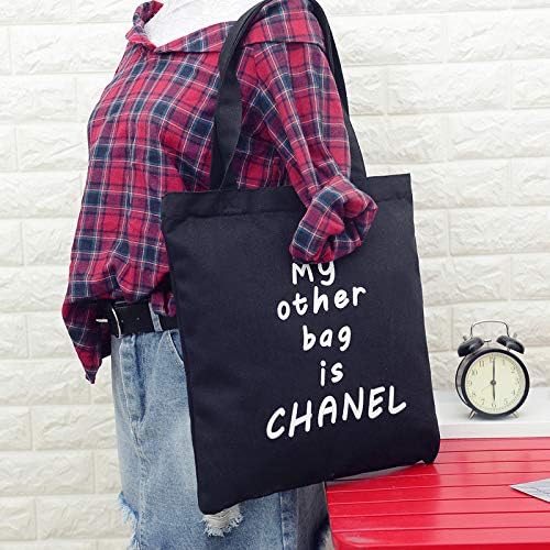 JOJOmay Women Tote Bag Shopping Bag Female My Other Bag Is Chanel Canvas Shoulder Bag Simple Light File Shopping Travel Handbag (Black)