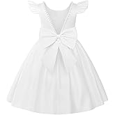 Uhnice Flower Girl Satin Dress with Pearls Flutter Sleeves V Back Gown with Removable Bow for Wedding Birthday Party
