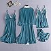 Moilant 4PC Women Sleepwear Satin Lace Camisole Bowknot Shorts Nightdress Robe Pajamas Lingerie Light Bluethumb 2