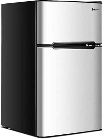 COSTWAY Compact Refrigerator, 3.2 cu ft. Unit 2-Door Mini Freezer Cooler Fridge with Reversible Door, Removable Glass Shelves, Mechanical Control, Recessed Handle for Dorm, Office, Apartment (Grey)