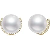UXQ 14K Real Gold Pearl Earrings for Women with CZ Diamond 8mm Freshwater Cultured Pearls Stud Earrings Anniversary Jewelry Birthday Chrsitmas Gifts for Her Mom Mother Wife Sister