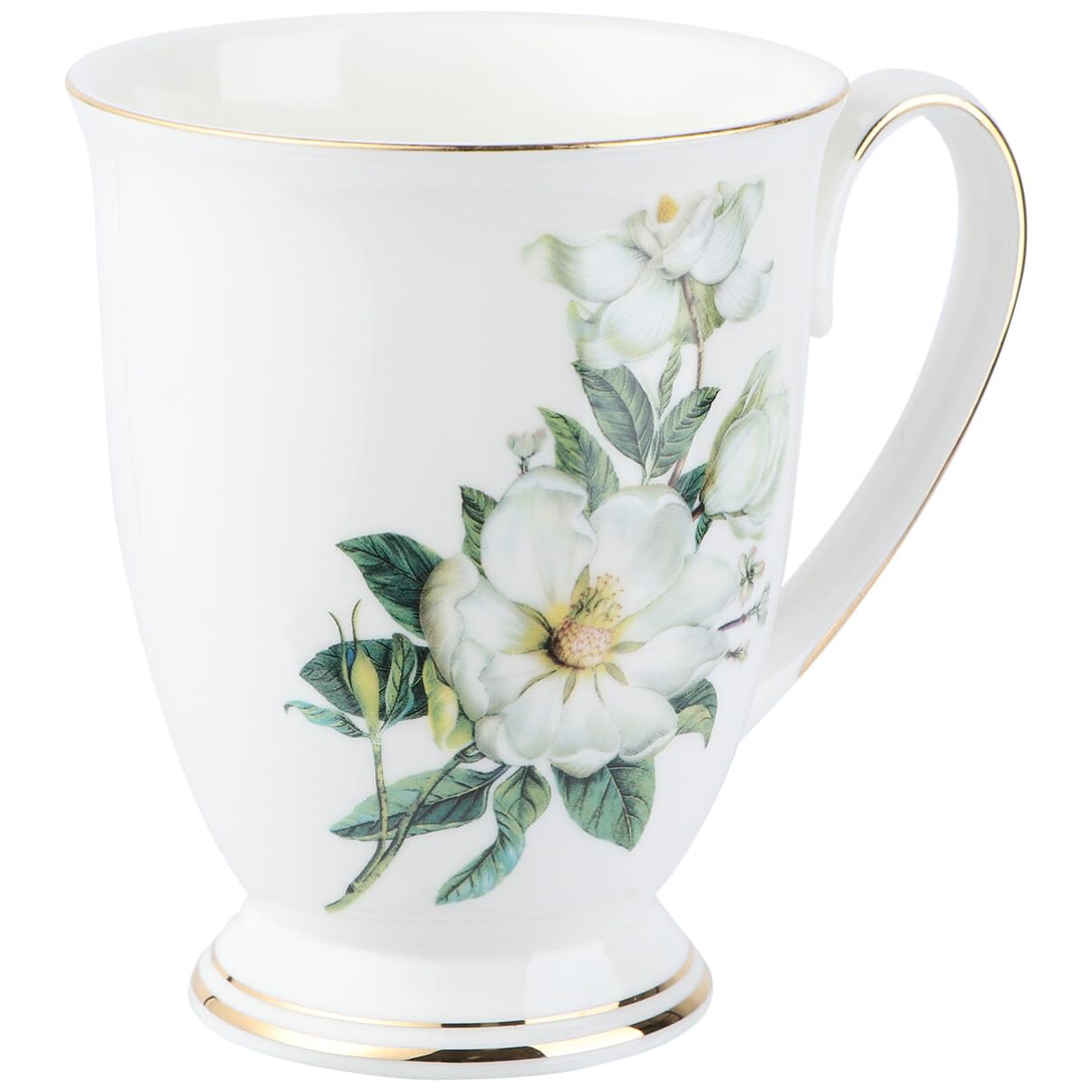 HEMOTON Gold Rim Bone China Mug 11Oz Fine Porcelain Coffee Cup with Floral Pattern Ergonomic Handle for Home Office Tea Cappuccino