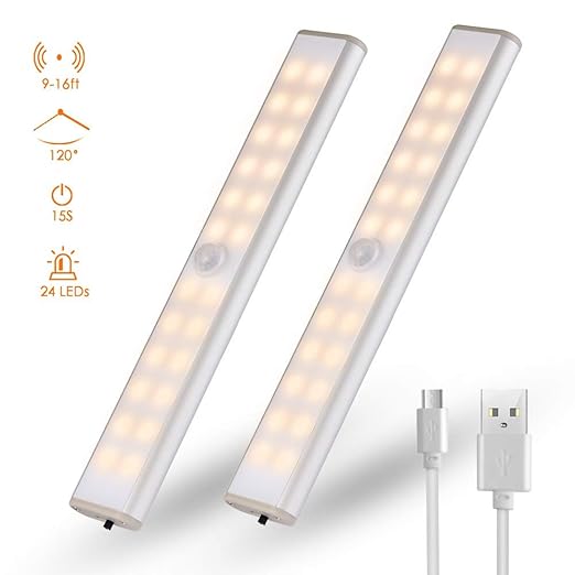 LED Schrankleuchtung Bewegungsmelder Warmweiß, 2er-Set, 24 LED Kleiderschrank Kabinett Lampen, Kabellos Nachtlicht,Wiederaufl