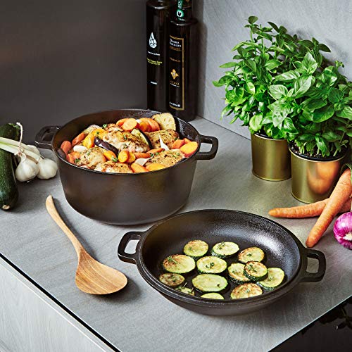 Uno Casa Cast Iron Dutch Oven with Lid - Pre-Seasoned 2in1 5Q Pot and 1.6Q Pan Cookware Set