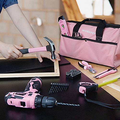 WORKPRO 12V Pink Cordless Drill Driver and Home Tool Kit, Hand Tool Set