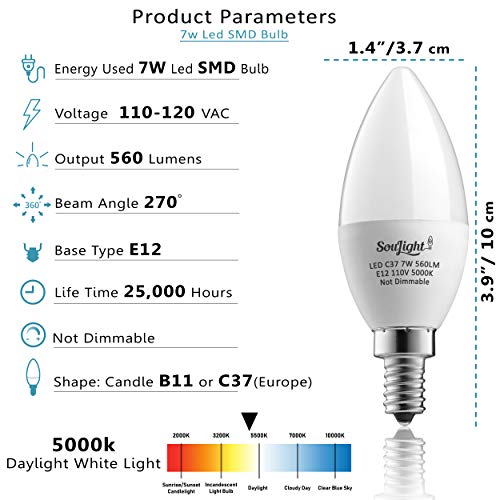 E12 LED Bulbs - Candelabra Light Bulbs, 7 Watt Equivalent 60W Incandescent Bulb, B11 560 Lumens, Daylight White 5000K, Candelabra Base, Non-dimmable, Chandelier&Ceiling Fan Replacement Bulb. 6 Pack.