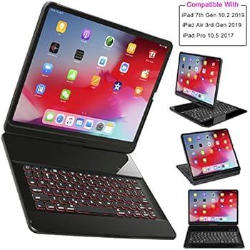 iPad Keyboard Case for iPad 7th Generation (iPad 10.2 Inch 2019) / iPad Air 10.5 2019 / iPad Pro 10.5, 7 Color Backlit 360 Rotate Wireless Keyboard with Smart Folio Back Cover (Black)
