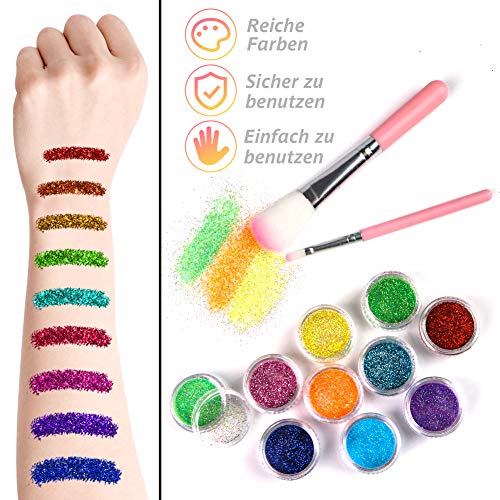 Koogel Kinder Glitzer Tatoo Set, 24 Farben Temporäre Glitzer Tattoo Kit Make Up Körper Glitzer mit 160 Schablonen 2 Körperkleber 5 Bürsten für Kinder Künstlerische Partei Festivals