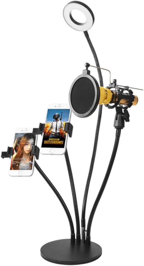 4 In 1 Live Stream Lazy Bracket Desk Stand With Selfie Ring Light With 3 Soft Color And Mult-Level Brightness Plus Double Flexible Mobile Phone Clip Holder Plus Microphone Holder