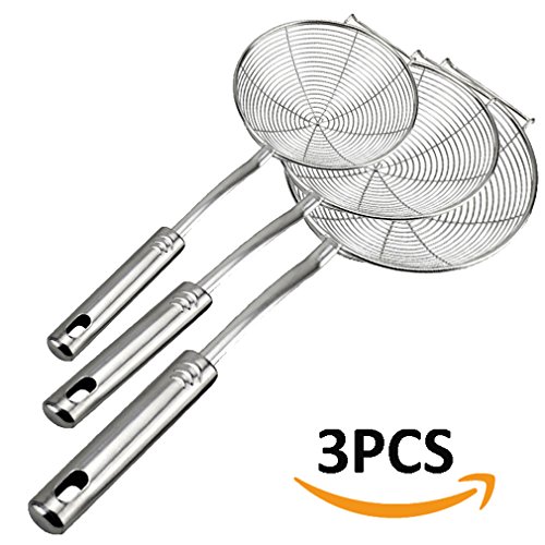 TEERFU 3Pack Stainless Steel Net Strainer Colander Mesh Ladle with Handle for Kitchen Food and Vegetable - 13.7,15.3, 16.9 inches - Premium Quality - Food Strainer & Sieve - Best for Kitchen