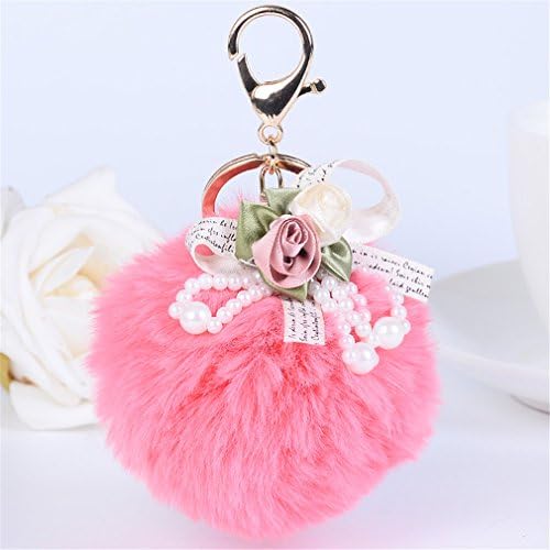 MOONER Super Cute Bunny Fur Ball Keychain Flowers Cluster Fluffy Fur Bag Charms Handbag Pendant Purse Ornament Rose