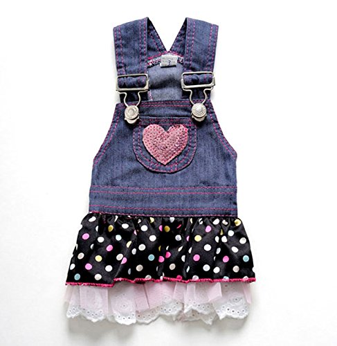 SMALLLEE_LUCKY_STORE Small Dog Dress Female Denim Overalls Vest Dots Print Lace Skirt Tiered Heart Shaped Pet Clothes XL