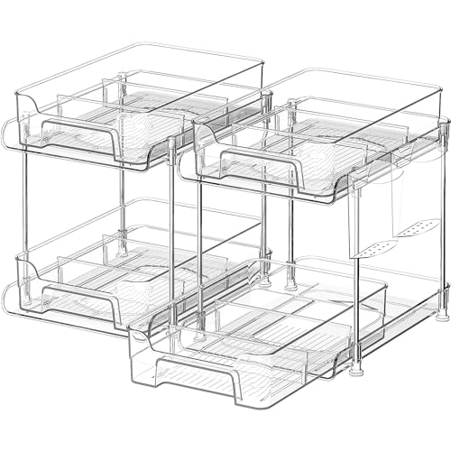 Yoawllty Under Sink Organizer,2 Tier Bathroom Cabinet Organizer,Clear Organizers storage with Dividers and Cups,Multi-Purpose Slide-Out Storage Container for Cabinet,Fridge,Kitchen,Makeup(2Packs）