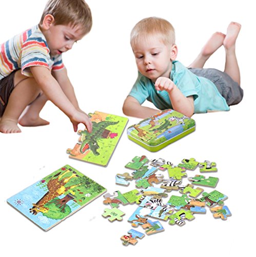 Wooden Jigsaw Puzzles Toys, Free Iron Box for Easy Storage,Pack of 4 with Varying Degree of Difficulty Tool Best for Toddlers 3-5 Years Boys & Girls to Develop Dexterity and Problem Solving